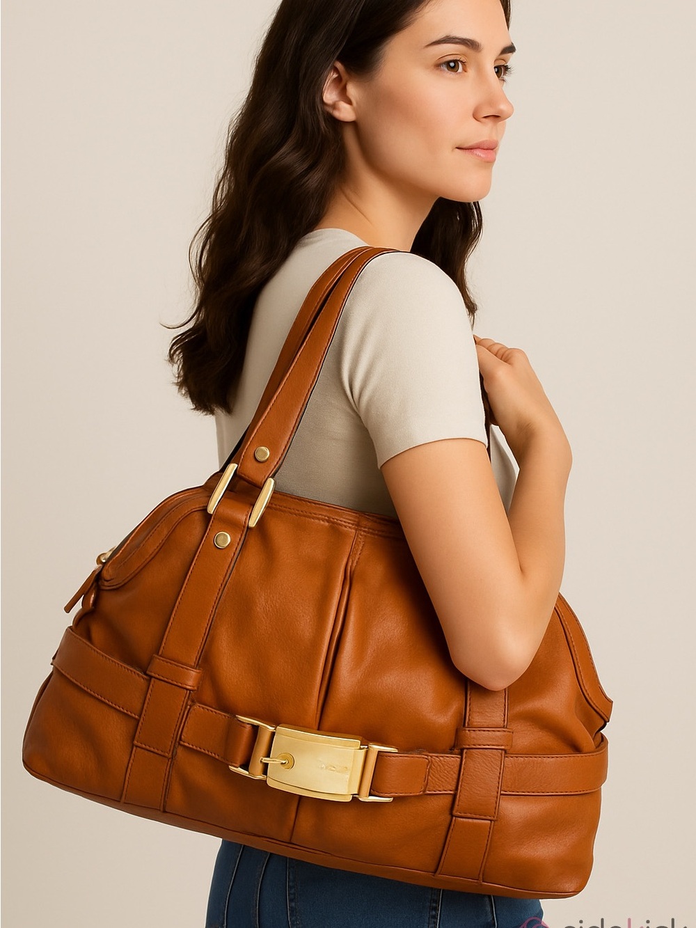MICHAEL KORS vintage caramel Leather Shoulder Bag Gold tone Buckle & hardware